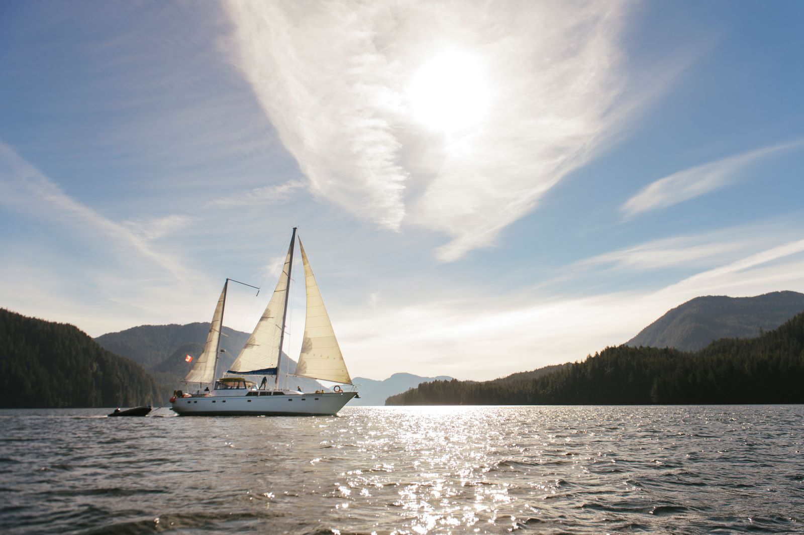 A sailboat sails along the calm waters of Desolation SOund, backlit by the sun.