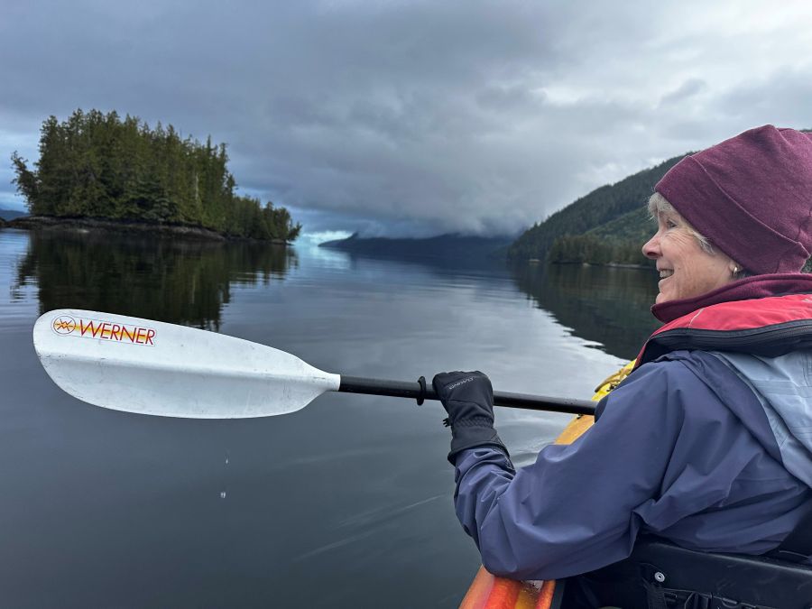 Shirley out for a paddle on a grey day.